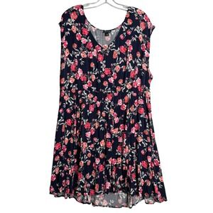 Torrid Floral Skater Dress Womens Plus Size 3X Blue Sleeveless Mini Preppy Boho